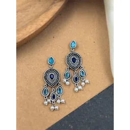 NAMAN ARTS Silver-Plated Artificial Stones And Beads Oxidised Contemporary Drop Earrings-picture-35