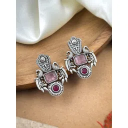 NAMAN ARTS Silver-Plated Artificial Stones And Beads Oxidised Contemporary Drop Earrings-picture-13