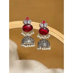 NAMAN ARTS Silver-Plated Artificial Stones and Beads Oxidised Contemporary Drop Earrings-picture-14