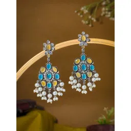 NAMAN ARTS Silver-Plated Artificial Stones and Beads Oxidised Contemporary Drop Earrings-picture-17