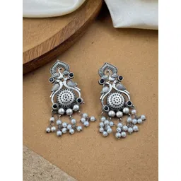 NAMAN ARTS Silver-Plated Artificial Stones and Beads Oxidised Contemporary Drop Earrings-picture-17