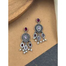 NAMAN ARTS Silver-Plated Artificial Stones and Beads Oxidised Contemporary Drop Earrings-picture-19