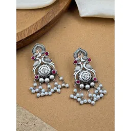 NAMAN ARTS Silver-Plated Artificial Stones And Beads Oxidised Contemporary Drop Earrings-picture-21
