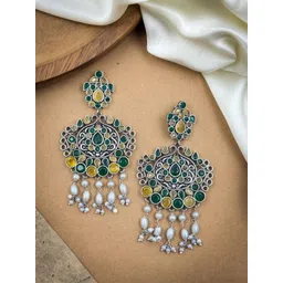 NAMAN ARTS Silver-Plated Artificial Stones And Beads Oxidised Contemporary Drop Earrings-picture-26
