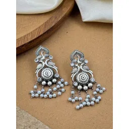NAMAN ARTS Silver-Plated Artificial Stones and Beads Oxidised Contemporary Drop Earrings image 1