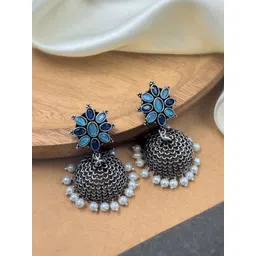 NAMAN ARTS Silver-Plated Artificial Stones And Beads Oxidised Contemporary Jhumkas-picture-28