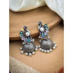 NAMAN ARTS Silver-Plated Artificial Stones And Beads Oxidised Contemporary Jhumkas-picture-37