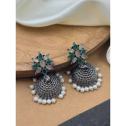 NAMAN ARTS Silver-Plated Artificial Stones and Beads Oxidised Contemporary Jhumkas-picture-15