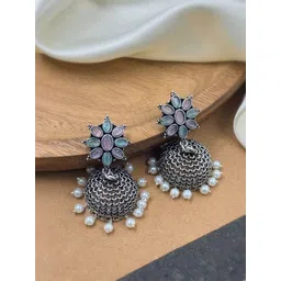 NAMAN ARTS Silver-Plated Artificial Stones And Beads Oxidised Contemporary Jhumkas-picture-29