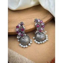 NAMAN ARTS Silver-Plated Artificial Stones And Beads Oxidised Contemporary Jhumkas-picture-11