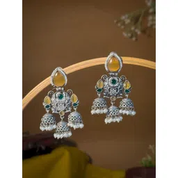 NAMAN ARTS Silver-Plated Artificial Stones And Beads Oxidised Contemporary Jhumkas-picture-34