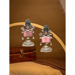 NAMAN ARTS Silver Plated Artificial Stones Studded & Beaded Dome Shaped Jhumkas-picture-11