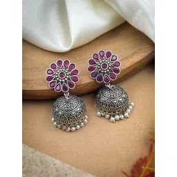 NAMAN ARTS Silver-Plated Artificial Stones Studded & Beaded Dome Shaped Oxidised Jhumkas-picture-39
