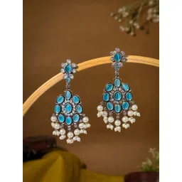 NAMAN ARTS Silver-Plated Artificial Stones Studded & Beaded Oxidised Drop Earrings-picture-42