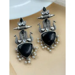 NAMAN ARTS Silver-Plated Artificial Stones Studded Contemporary Oxidised Drop Earrings-picture-20