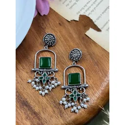 NAMAN ARTS Silver-Plated Artificial Stones Studded Geometric Drop Earrings-picture-31