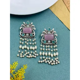 NAMAN ARTS Silver-Plated Artificial Studded & Pearls Beaded Contemporary Drop Earrings-picture-30