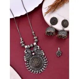 NAMAN ARTS Silver Plated Oxidised Peacock Design Textured Jewellery Set-picture-21