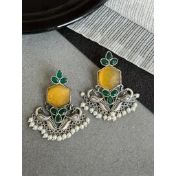 NAMAN ARTS Silver-Plated Stones Studded & Beaded Peacock Shaped Oxidized Drop Earrings-picture-29