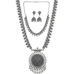 Oxidised Jewellery Set for Women – Sun Pendant Necklace with Ghungroo Design & Matching Jhumka Earrings | Antique Finish Traditional & Boho Ethnic Jewellery Set-image-12
