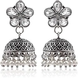 Oxidized Floral Jhumka Earrings for Women and Girls | Petal Design | Traditional Indian Ethnic Jewelry with Pearl Beads-image-10