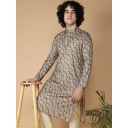 NAMASKAR Geometric Printed Mandarin Collar Silk Kurta-picture-30
