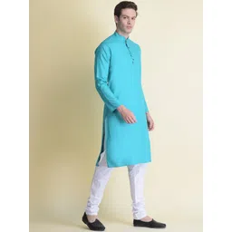 NAMASKAR Men Blue Cotton Solid Kurta image 5