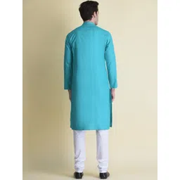 NAMASKAR Men Blue Cotton Solid Kurta image 3
