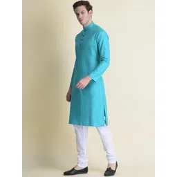 NAMASKAR Men Blue Cotton Solid Kurta image 4