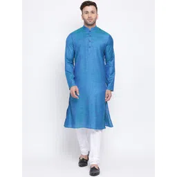 NAMASKAR Men Blue Cotton Solid Kurta with Churidar-picture-13