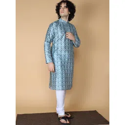 NAMASKAR Men Blue Printed Regular Pure Silk Kurta with Churidar-picture-25