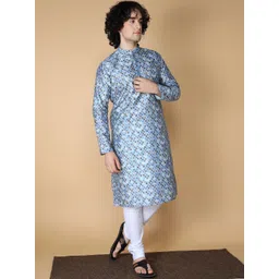 NAMASKAR Men Blue Printed Regular Pure Silk Kurta with Churidar-picture-28