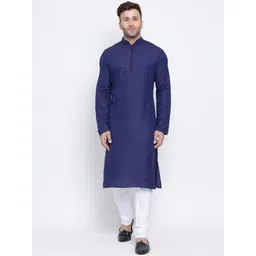 NAMASKAR Men Blue Self Design Cotton Straight Kurta-picture-18