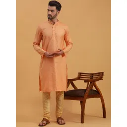 NAMASKAR Men Floral Embroidered Regular Pure Silk Kurta with Churidar-picture-15