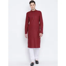 NAMASKAR Men Maroon Solid Straight Kurta-picture-24
