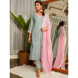 NANGALIA RUCHIRA Women Floral Printed Regular Pure Cotton Kurta with Trousers & With Dupatta-picture-10