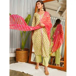 NANGALIA RUCHIRA Women Floral Printed Regular Pure Cotton Kurta with Trousers & With Dupatta-picture-13