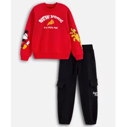 Nap Chief Cotton Blend Knit Full Sleeves Disney Mickey & Friends Featuring Full Sleeves Character Printed Winter Sweatshirt & Cargo Joggers Set - Red-picture-11