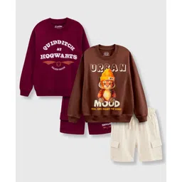Nap Chief Cotton Blend Knit Pack of 2 Full Sleeves Warner Bros Featuring Harry Potter Quidditch & Urban Mood Text Printed Sweatshirts & Shorts Set - Multi Colour-picture-24
