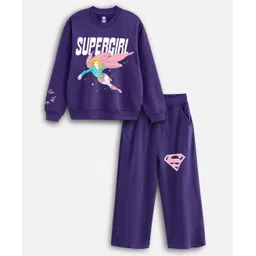 Nap Chief Pure Cotton Knit DC Comics Featuring Full Sleeves Supergirl Printed Winter Sweatshirt & Pant Set - Purple-picture-16