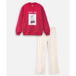 Nap Chief Pure Cotton Knit Full Sleeves Cherry Vibes Text Printed Winter Sweatshirt & Pants Set - Red-picture-21
