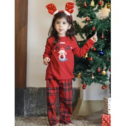 Nap Chief Pure Cotton Knit Full Sleeves Reindeer Printed & Checked Night Suit Set - Red-picture-14