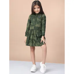 Naughty Ninos Girls Olive Green Floral Printed Shirt Dress-picture-51