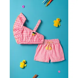 Nauti Nati Girls Checked One Shoulder Ruffled Pure Cotton Crop Top With Shorts-picture-21