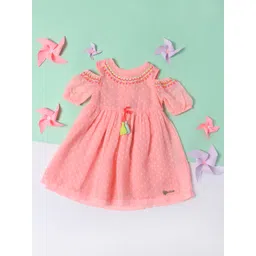 Nauti Nati Infants Girls Self Design Cold Shoulder Sleeves Dress-picture-34