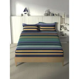 Nautica Green & Blue Cotton Striped 180 TC Double Bedsheet with 2 Pillow Covers-picture-10