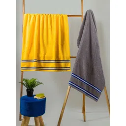 Nautica Pack Of 2 Yellow & Grey Striped 500 GSM Pure Cotton Bath Towels-picture-32