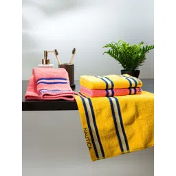 Nautica Pack of 4 Yellow & Coral Striped 500 GSM Pure Cotton Hand Towel-picture-20