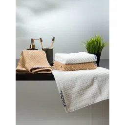 Nautica Set Of 4 White & Camel brown Solid 600 GSM Pure Cotton Hand Towels-picture-34