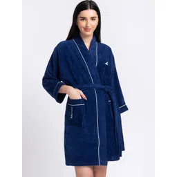 Nautica Women Navy Blue Solid Pure Cotoon Bath Robe image 1